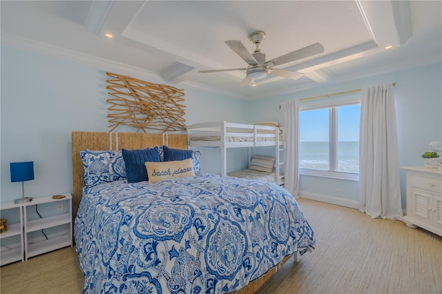 bedroom featuring a water view, ceiling fan, and crown molding