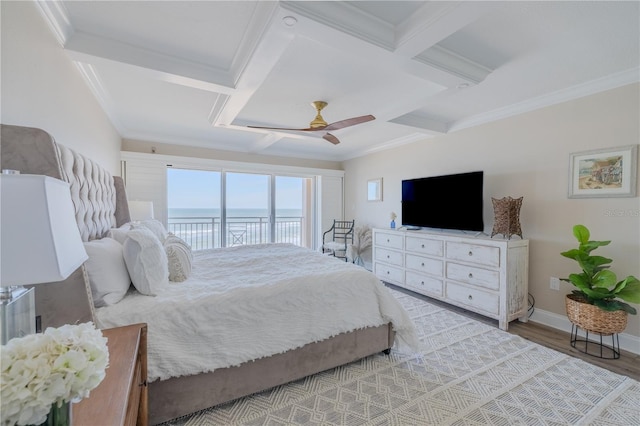 bedroom featuring coffered ceiling, access to outside, ceiling fan, beam ceiling, and wood-type flooring