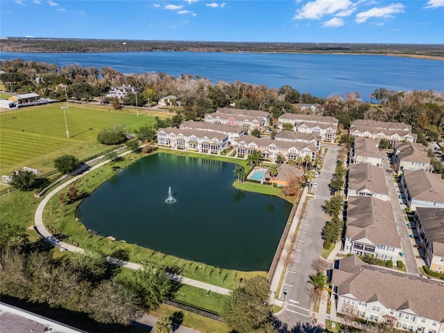 drone / aerial view with a water view