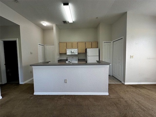 kitchen featuring a towering ceiling, white appliances, carpet flooring, a kitchen island with sink, and a textured ceiling