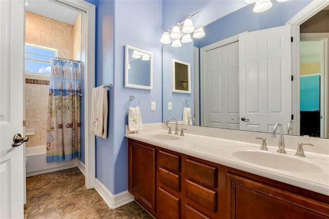 bathroom featuring shower / bath combination with curtain and vanity