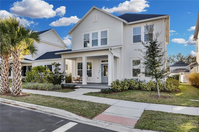 view of front of property featuring covered porch and a front lawn