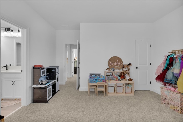 interior space with light carpet and sink