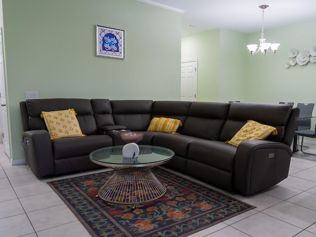 living room with a chandelier and light tile patterned floors