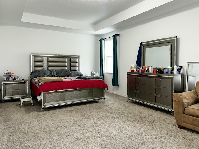 bedroom with a raised ceiling and carpet floors