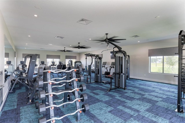 gym featuring dark colored carpet and ceiling fan