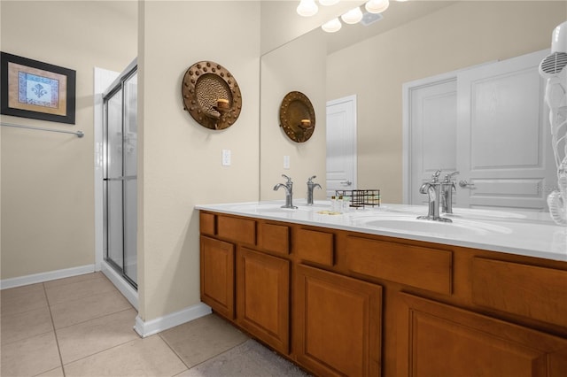 bathroom with tile patterned floors, vanity, and a shower with door