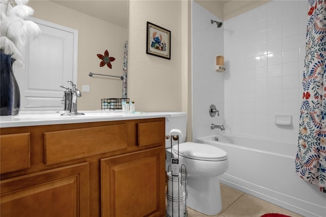 full bathroom with tile patterned flooring, vanity, toilet, and shower / tub combo with curtain