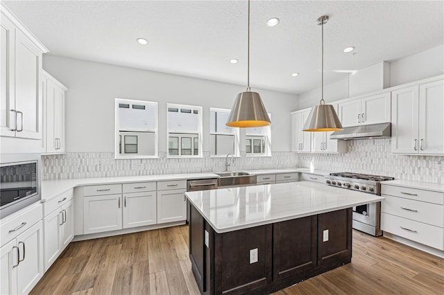 kitchen with white cabinetry, light hardwood / wood-style floors, stainless steel appliances, pendant lighting, and a center island