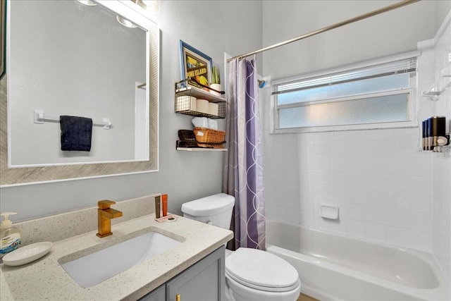 full bathroom featuring vanity, shower / bathtub combination with curtain, and toilet