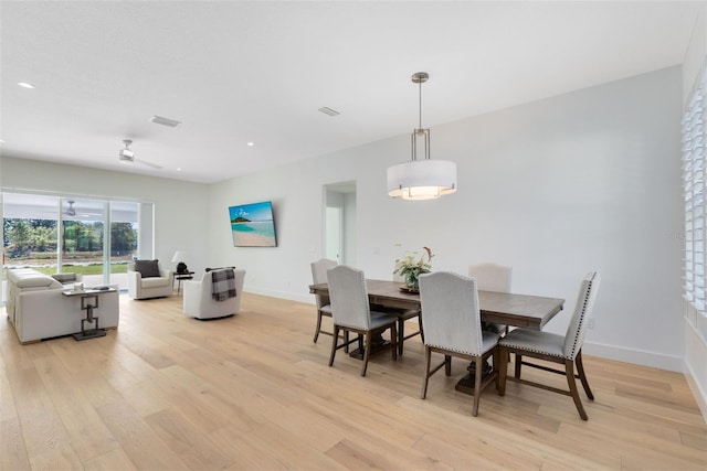 dining room with ceiling fan and light hardwood / wood-style floors