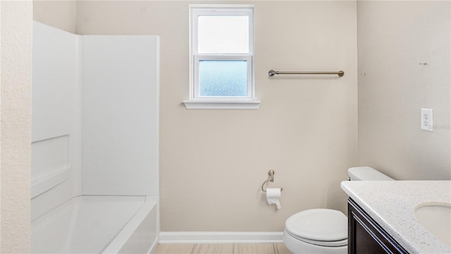 full bathroom featuring vanity, separate shower and tub, and toilet