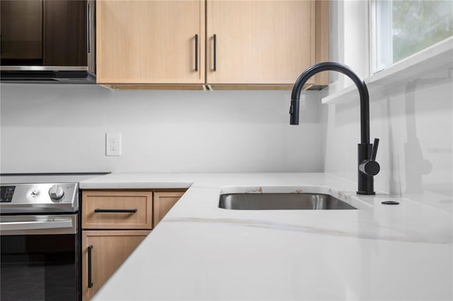 kitchen featuring sink, stainless steel electric stove, and exhaust hood