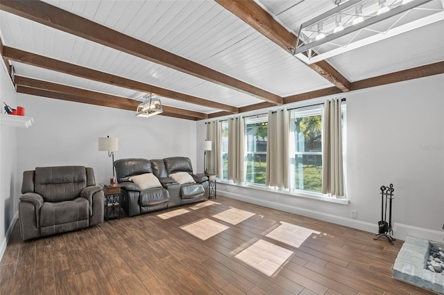 living room with dark wood-type flooring, wood ceiling, and vaulted ceiling with beams