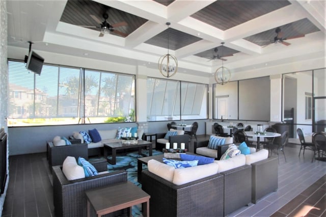 interior space featuring ceiling fan with notable chandelier, wood-type flooring, wooden ceiling, and coffered ceiling