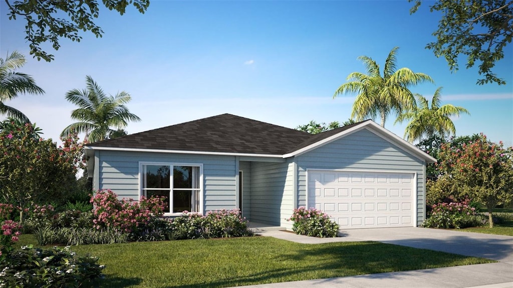 single story home featuring a front yard and a garage