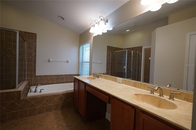 bathroom featuring vanity, tile patterned floors, and separate shower and tub