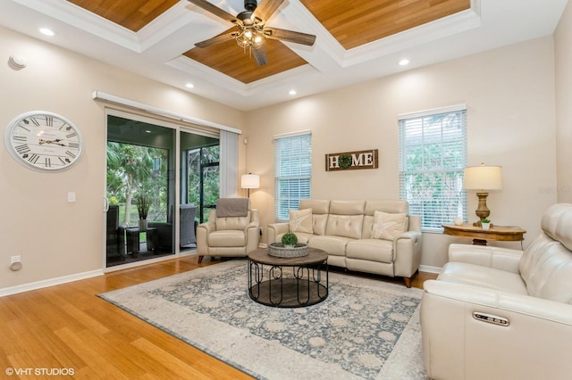 living room with ceiling fan, light hardwood / wood-style floors, wood ceiling, and coffered ceiling