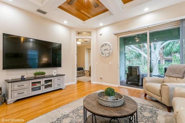 living room featuring coffered ceiling, ceiling fan, beam ceiling, and light hardwood / wood-style flooring