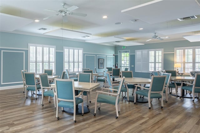 dining room featuring ceiling fan, plenty of natural light, and wood-type flooring