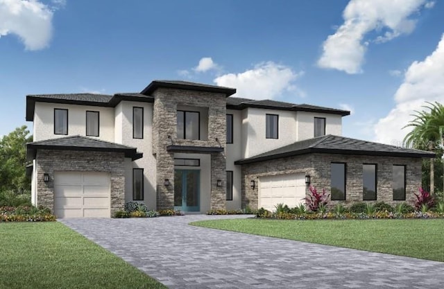 prairie-style home featuring a garage and a front lawn