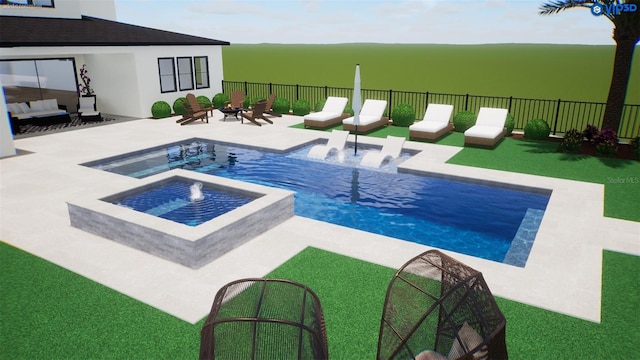 view of pool featuring an outdoor living space with a fire pit, an in ground hot tub, and a patio