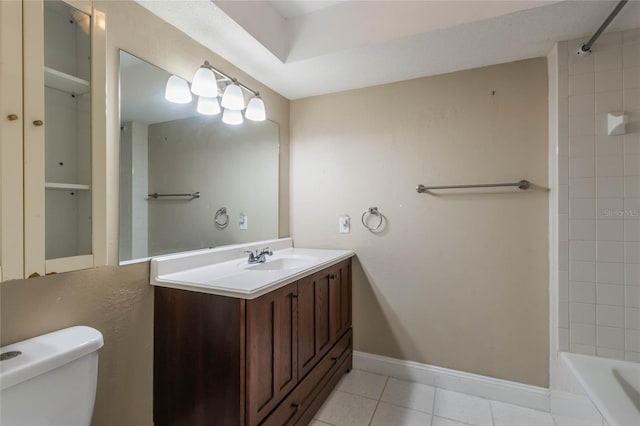 full bathroom featuring tile patterned flooring, vanity, toilet, and tiled shower / bath