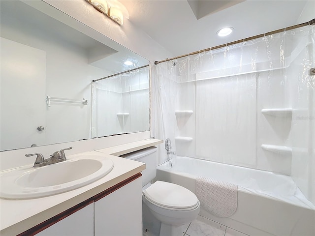 full bathroom featuring shower / tub combo, vanity, and toilet