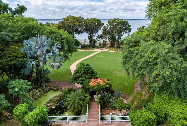 drone / aerial view featuring a water view