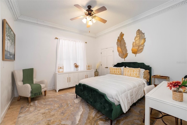 bedroom with ceiling fan and crown molding