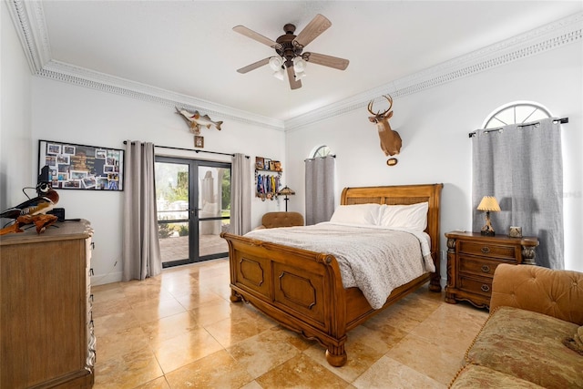 bedroom featuring ceiling fan, access to exterior, crown molding, and french doors