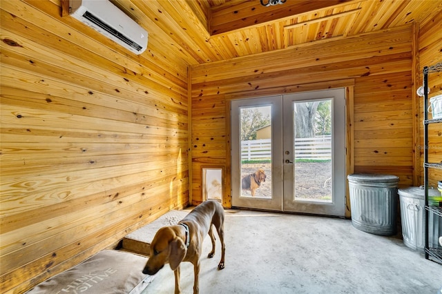 11148 Lane Park Rd, Tavares, FL 32778 - interior space with wooden ceiling, a wall mounted AC, wood walls, and french doors
