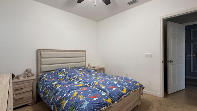 bedroom with ceiling fan and carpet floors