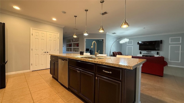 kitchen with sink, a center island with sink, built in features, dishwasher, and light tile patterned flooring