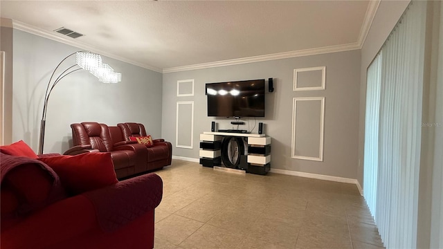 living room featuring crown molding and a chandelier