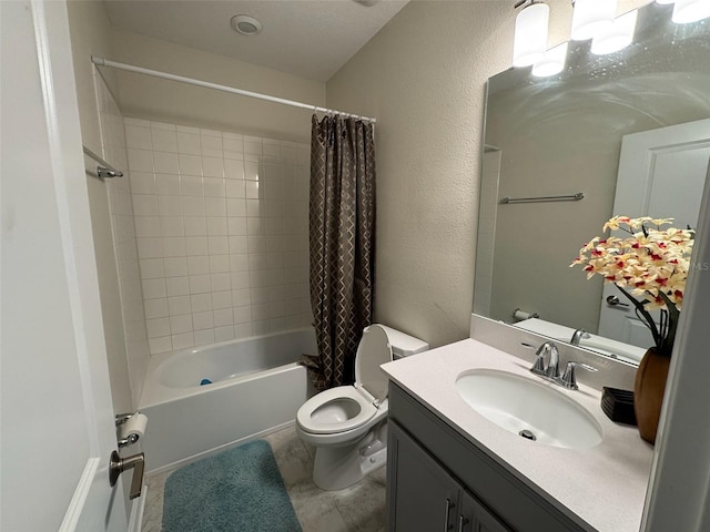 full bathroom featuring toilet, shower / bath combination with curtain, and vanity