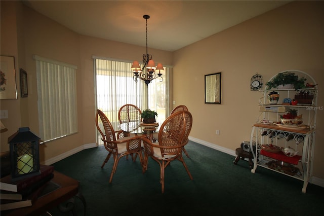 carpeted dining space with a notable chandelier