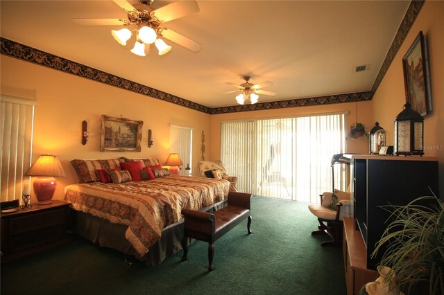 carpeted bedroom with ceiling fan and access to exterior