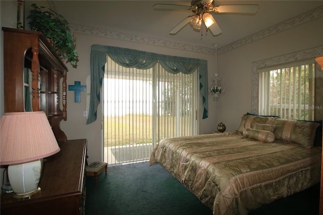 bedroom with ceiling fan, access to exterior, and carpet floors