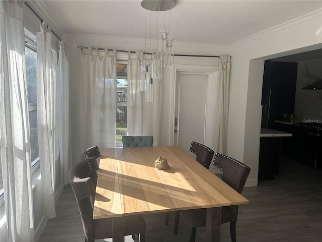 dining area featuring dark wood-type flooring and crown molding