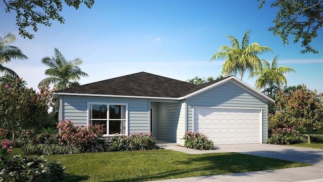 ranch-style house featuring a garage and a front yard