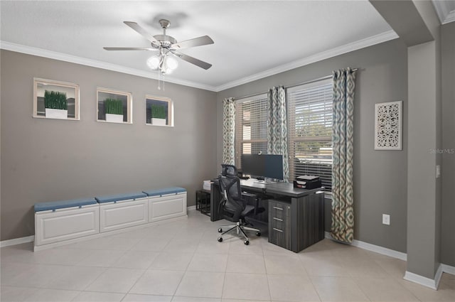 office space featuring ceiling fan, crown molding, and light tile patterned flooring