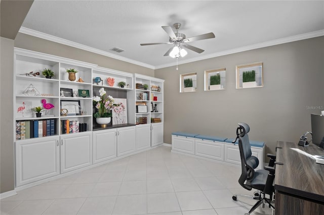 office area with ceiling fan and crown molding