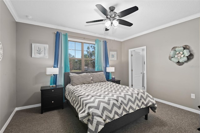 bedroom featuring ceiling fan, crown molding, and dark colored carpet