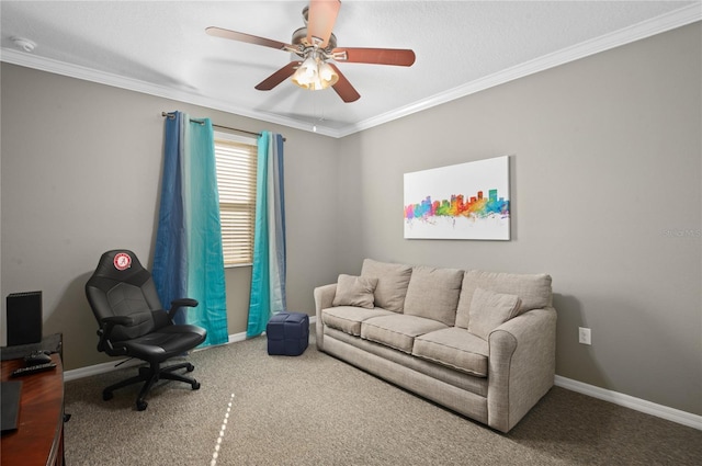 carpeted living room featuring ceiling fan and crown molding