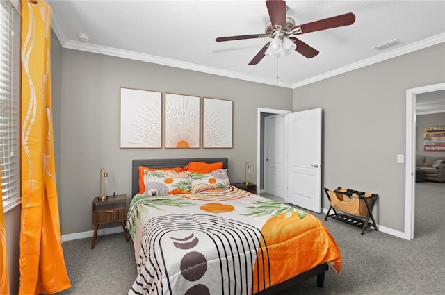 bedroom featuring carpet flooring, ornamental molding, baseboards, and ceiling fan