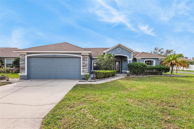 single story home with a garage and a front yard