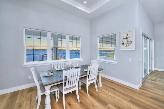 dining space featuring light wood-type flooring, a water view, crown molding, and a tray ceiling