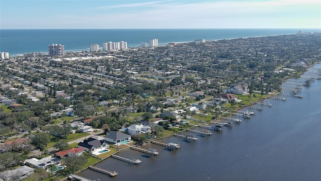 bird's eye view with a water view