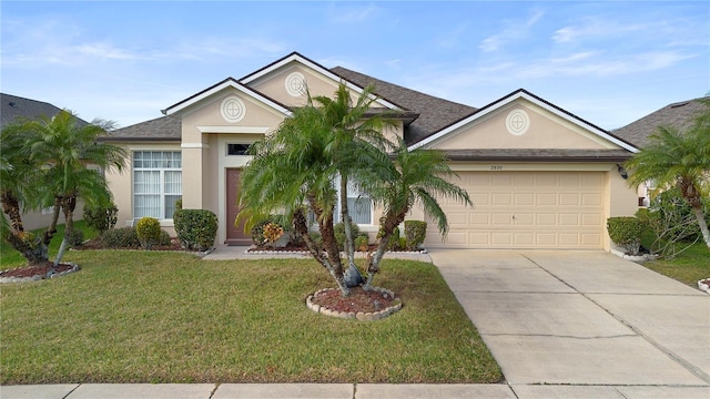 single story home featuring a garage and a front yard